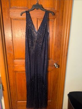 Aidan Mattox Navy Beaded V-Neck Maxi Dress